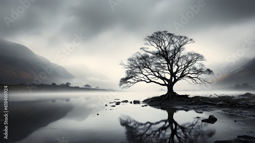 Black and white fine art photography of a solitary tree in a misty landscape, evoking a sense of solitude and tranquility. (Generative AI)