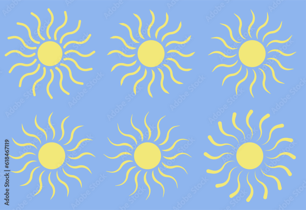 Sun icon vector symbol set. Flat yellow sun cartoon shape isolated on white background. Sun icon vector symbol set. Flat yellow sun cartoon shape isolated on white background.
