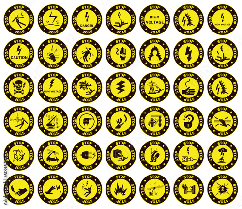 High voltage sign. Round yellow electrical hazard signs. Vector illustration.