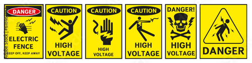 High voltage sign. Rectangular yellow electrical hazard signs. Vector illustration.