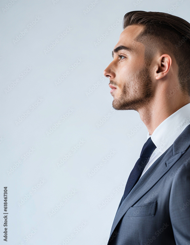 A successful man in a business suit looking forward. Profile shot. Fictional Person, Generative AI. A successful man in a business suit looking forward. Profile shot. Fictional Person, Generative AI.