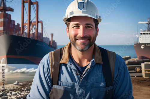 A middle-agad man, a sea port worker, against the backdrop of ships.  Fictional Person, Generative AI.