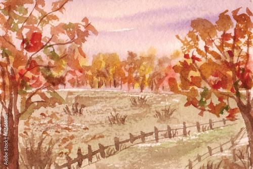 Artistic Autumn Landscape Watercolor Painting Background