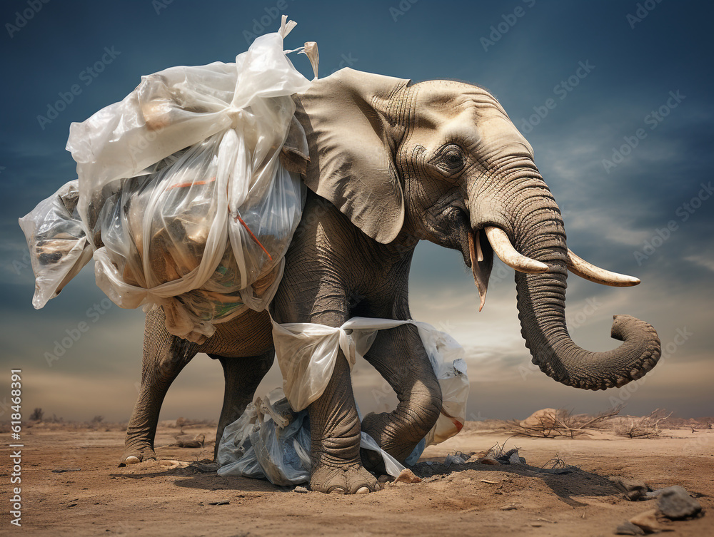 Fototapeta premium éléphant luttant contre la pollution des déchets plastiques