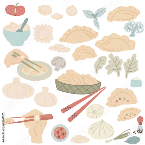 Hand drawn dumplings set with vegetables and hands with sticks