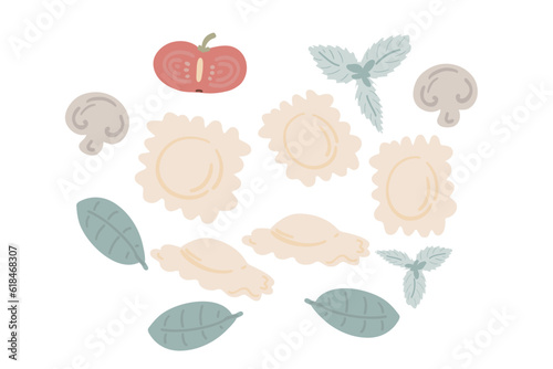 Ravioli set hand drawn Italian food
