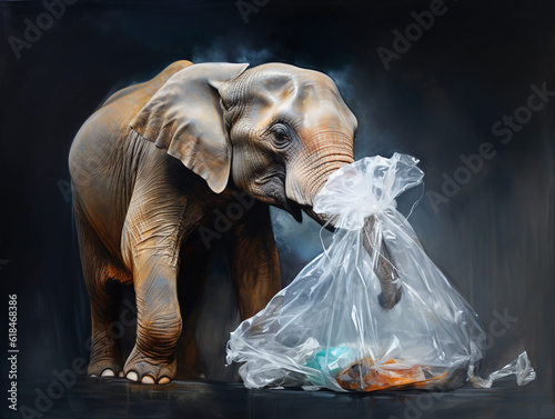éléphant luttant contre la pollution des déchets plastiques