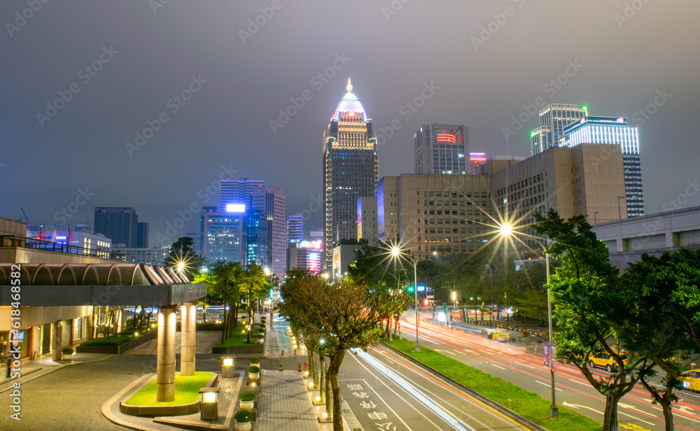 City Streets and Taipei Skyline at Night - Taipei, Taiwan