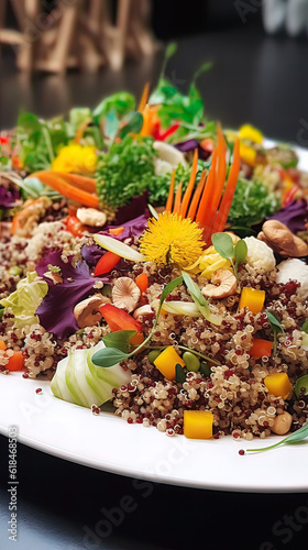 Quinoa Salad, various textures and colours, Bright natural light, fresh ingredients, a white plate with green leaves and other colourful vegetables, Earthy tones, bright colours. Generative AI