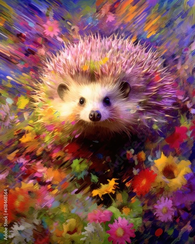 hedgehog  form and spirit through an abstract lens. dynamic and expressive hedgehog print by using bold brushstrokes, splatters, and drips of paint. hedgehog raw power and untamed energy © PinkiePie