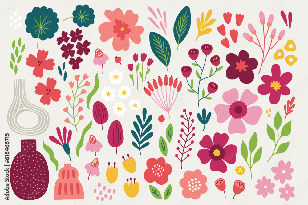 Floral set - leaves, flowers, branches, berries, vases. Vector illustration Floral set - leaves, flowers, branches, berries, vases. Vector illustration