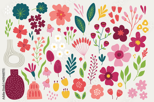 Floral set - leaves, flowers, branches, berries, vases. Vector illustration #618468715