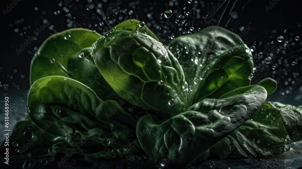Obraz premium Closeup Fresh Green Spinach hit by splashes of water with black blur background