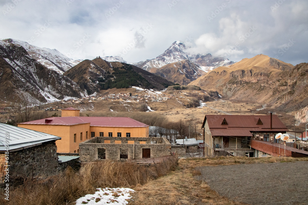Mt. Kazbegi and villages in northern Georgia - Caucasus Mountains, Georgia