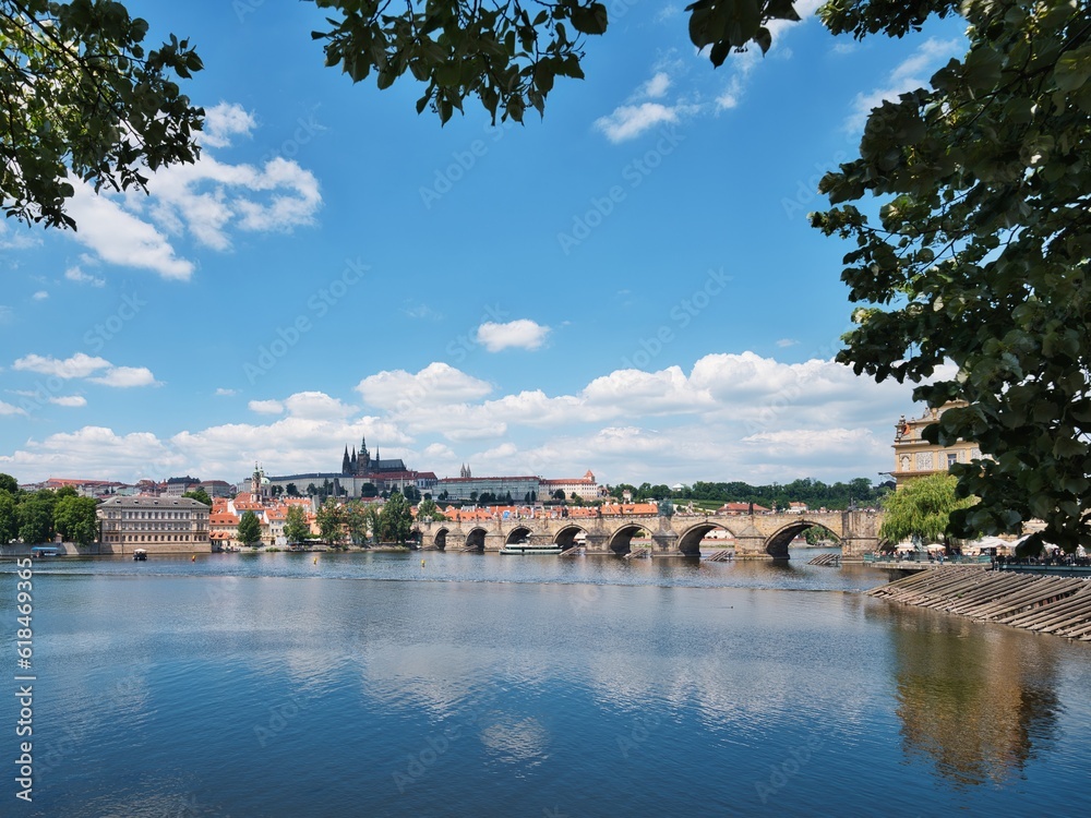 Panorama of the old town with the Charles Bridge over the Vltava River and Prague Castle, Prague, Czech Republic