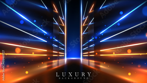 A dark corridor illuminated by blue neon lights and adorned with gold ray effects and bokeh decorations against a black background. Experience a modern luxury galaxy scene design.