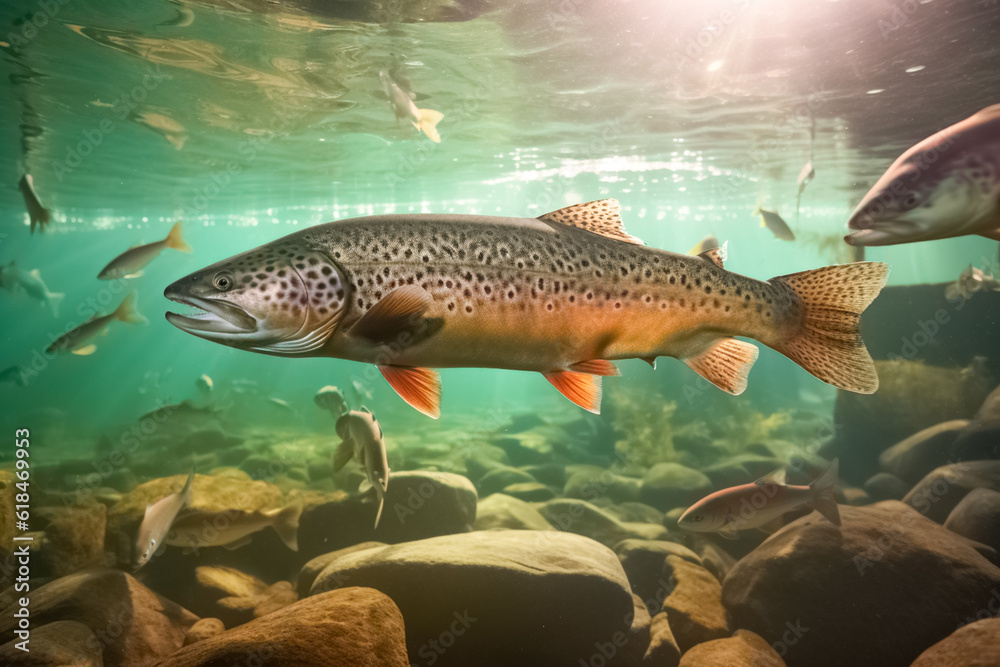 Naklejka premium Trout in the pool at the fish farm, illustration. Generative AI. Fish, fishing, animal, aquaculture, pisciculture and mariculture, image