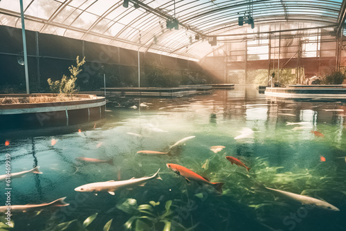 Trout in the pool at the fish farm, illustration. Generative AI. Fish, fishing, animal, aquaculture, pisciculture and mariculture, image