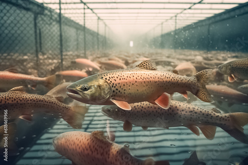 Leinwand Poster Trout in the pool at the fish farm, illustration