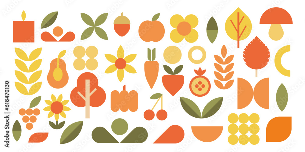 Abstract geometric shapes, bauhaus geometric elements. Trendy minimalist basic figures, fruits, vegetables and trees