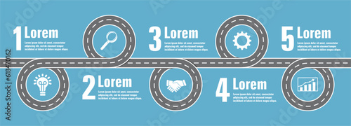 Infographic with winding road with five steps. Icon material to illustratrate. Vector illustration. 