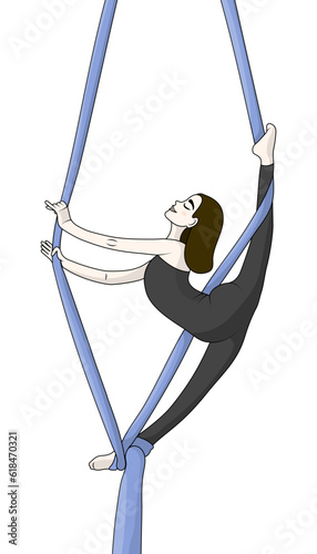 Cute girl performs a split trick on aerial silks. Air gymnastics flat vector illustration.