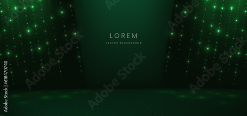 Elegant green stage background with green dot neon line and lighting effect sparkle. Luxury template award design.