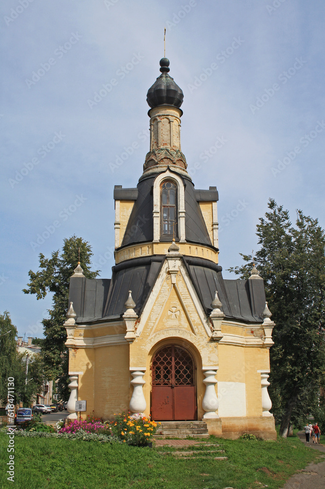 Kirov, Russia, August 17, 2021. Chapel of the Archangel Michael at the Razderikhinsky ravine.