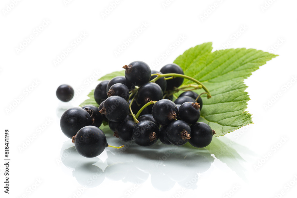 ripe blackcurrant berries with leaves on white background.