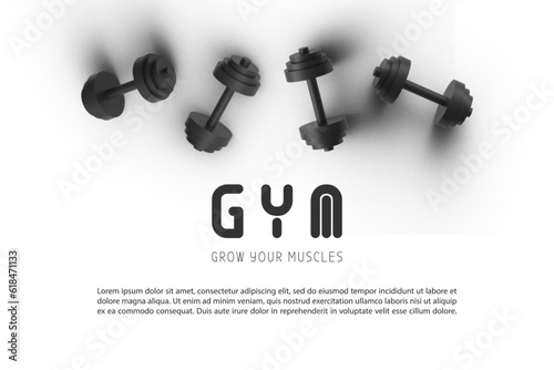 Banner with barbells dumbbells fitness realistic three-dimensional composition on pink background, crossfit logo