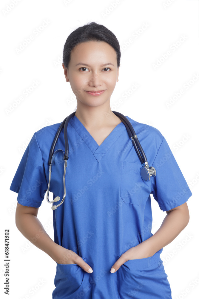Asian woman Doctor or Nurse dressed in purple scrubs