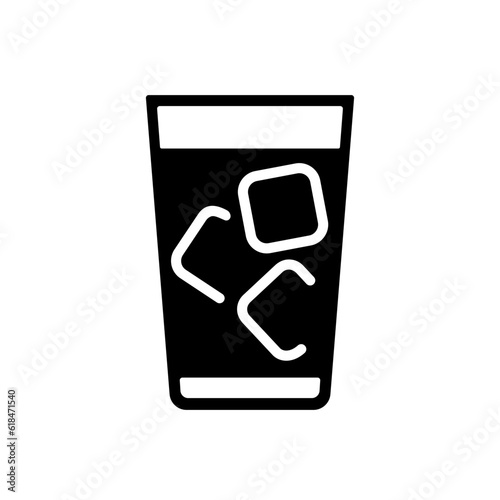 Cold drink with ice cubes in glass, black silhouette icon on white. Simple tall glass, filled stencil. Vector element or logo of minimalist design, illustration of non-alcoholic beverage or fast food