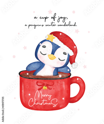 cute christmas penguin cartoon watercolor  Relaxing in a cozy hot chocolate mug, surrounded by snowing cartoon watercolour. Perfect for festive designs.