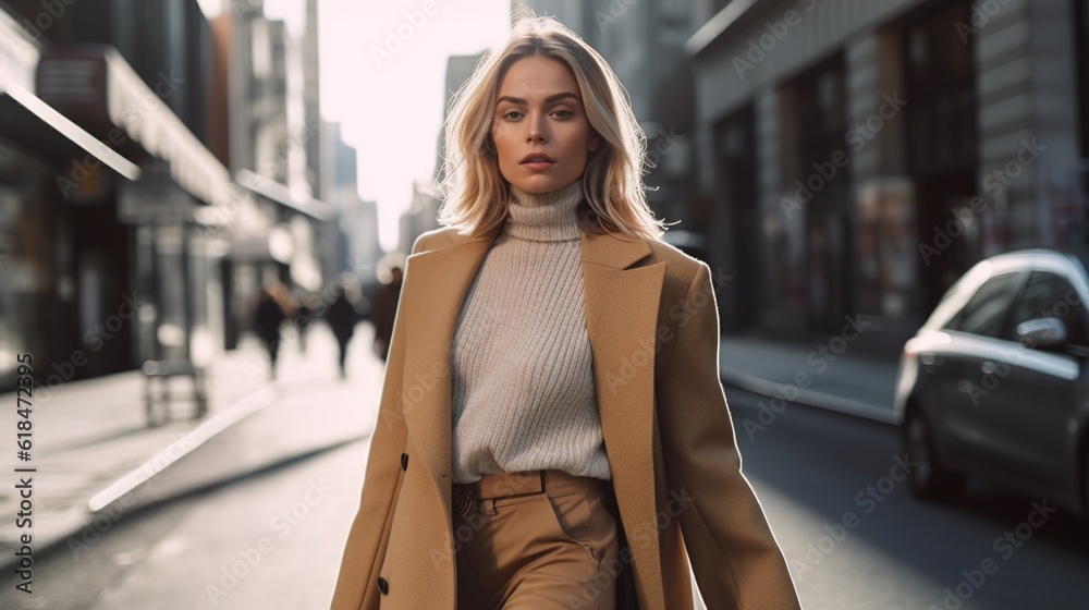 Young beautiful stylish woman walking in pink coat, holding purse in hands, smiling, happy, street style. Generative ai.