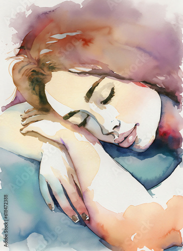 illustrazione con volto di giovane ragazza che dorme, viso appoggiato su un cuscino, colori ad acqua su carta ruvida photo