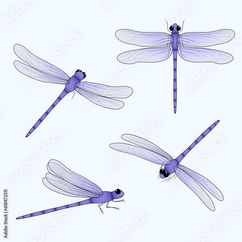 Cute purple dragonflies set. Flat vector illustration.