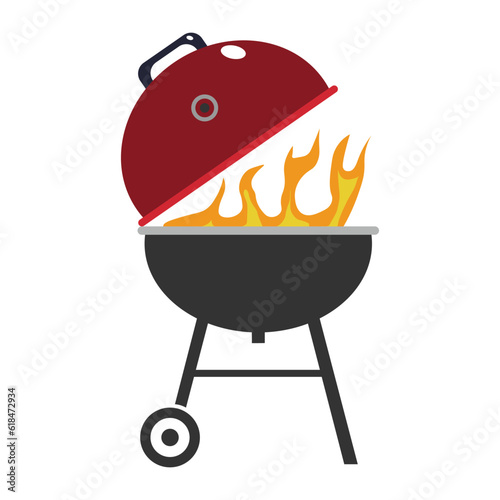 Barbecue party with grill and fire. Round barbecue grill, barbecue icon, cooking device on white. Vector illustration