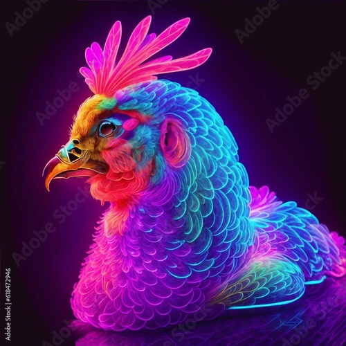A happy hen, adorned with beautiful neon feathers in vibrant and bright colors, is captured in a side view against a close-up dark background. digital representation of the hen is extremally detailed. photo
