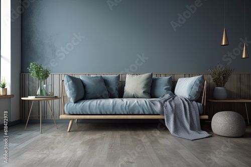 grey sofa with a Scandinavian flair. walls that are blue and have copy space. minimal in scope. digital representation. Generative AI © Vusal