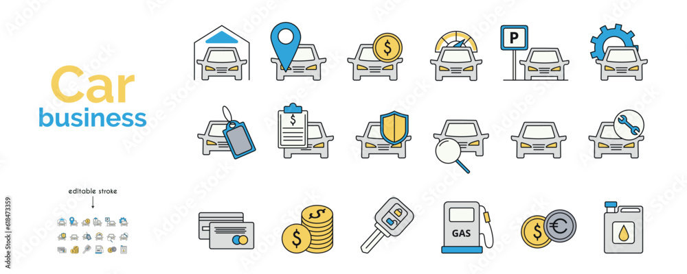 Set of car business icons in yellow and blue. Auto sale, credit, insurance, car dealership, repair, search, speedometer, spare parts. Vector illustration. Set of car business icons in yellow and blue. Auto sale, credit, insurance, car dealership, repair, search, speedometer, spare parts. Vector illustration.