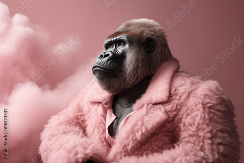 Generated ai template collage of unusual person with gorilla head wear fashionable fluffy coat on pink background