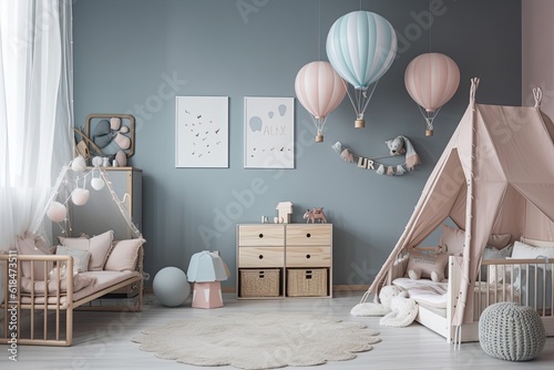 Grey nursery with clouds and parachutes in the decor. Baby toys, a white lamp concept, and a cabinet are all present. Generative AI photo