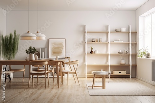 Front view of a light filled living room with a white wall, a dining table and chairs, a bookshelf with books, a vase, and a hardwood floor. minimalist design principle. a mockup. Generative AI