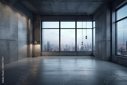 Front view of a dark, empty living room with a blank, grey wall, a large window that looks out onto a metropolitan skyline, and a concrete floor. simple design idea with room for original thought