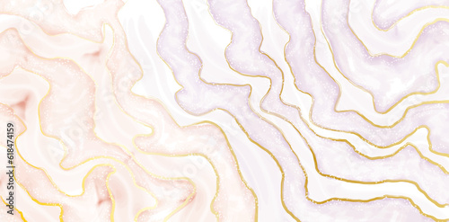 Abstract pink liquid watercolor background with gold dots and lines. Marble alcohol ink drawing effect, golden splash elements. Vector wallpaper