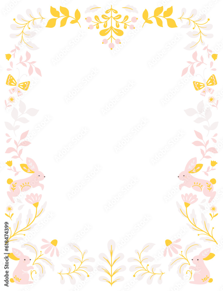 Pink vector frame with flowers and rabbits Pink vector frame with flowers and rabbits