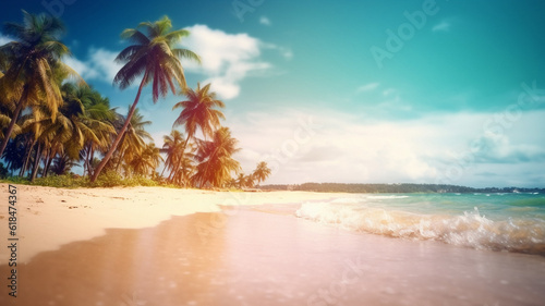 Tropical, palm tree and island with beach and nature for travel, vacation and summer. Ai generated, adventure and holiday with waves on coastline and bay for Caribbean, seaside destination or freedom