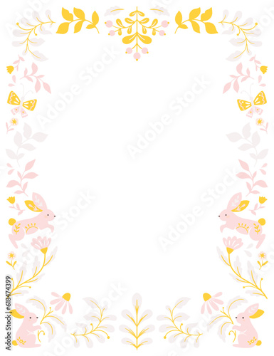 Pink vector frame with flowers and rabbits