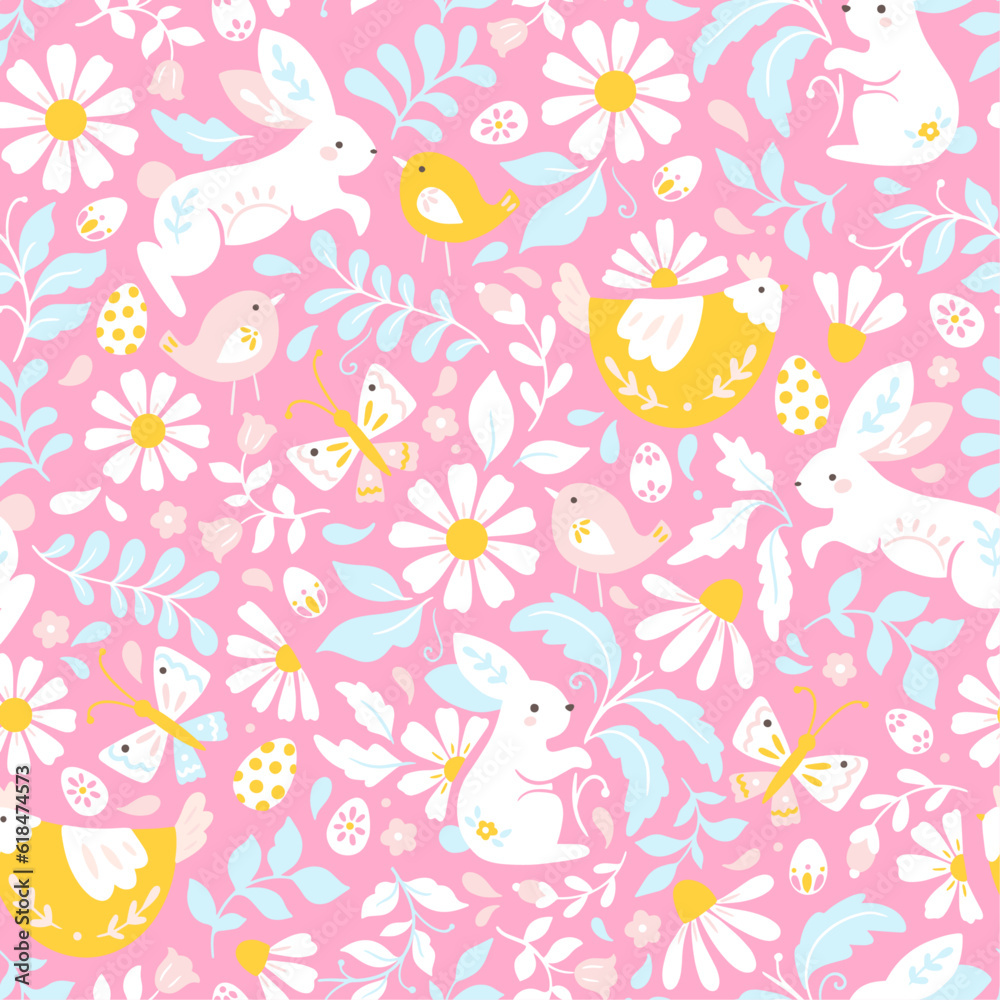 Pink vector Easter seamless floral pattern with chickens, Easter eggs, bunnies