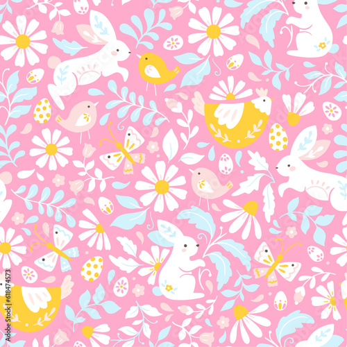 Pink vector Easter seamless floral pattern with chickens, Easter eggs, bunnies